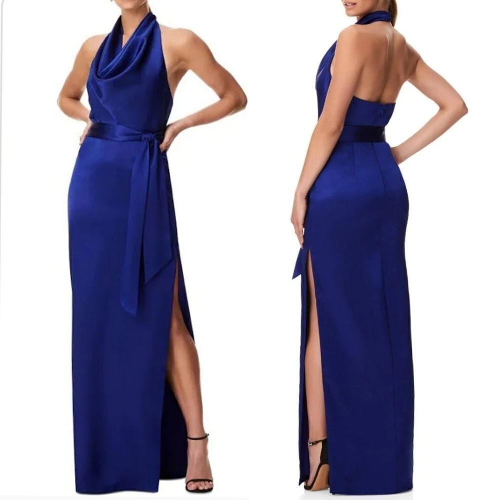 NEW Aidan Mattox Royal Blue Satin Cowl Neck Halter Slit Column Gown Size 0